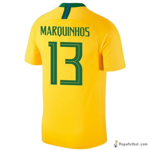 Camiseta Brasil Replica Primera Ropa Marquinhos 2018 Amarillo